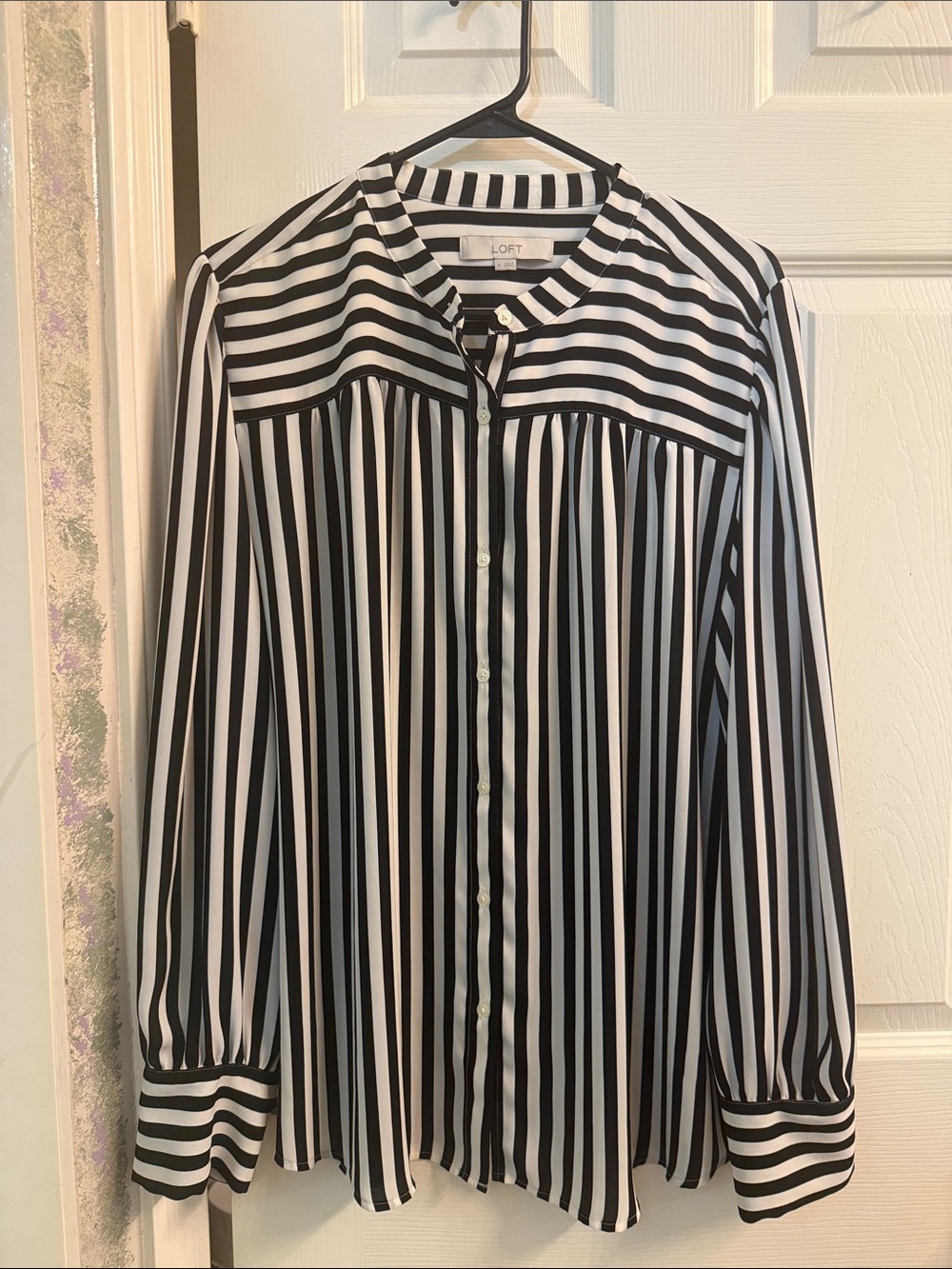 LOFT Black and White Vertical Stripe Button-Front Shirt